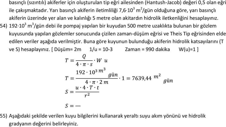 54) 192 10 3 m 3 /gün debi ile pompaj yapılan bir kuyudan 500 metre uzaklıkta bulunan bir gözlem kuyusunda yapılan gözlemler sonucunda çizilen zaman-düşüm eğrisi ve Theis Tip eğrisinden elde edilen