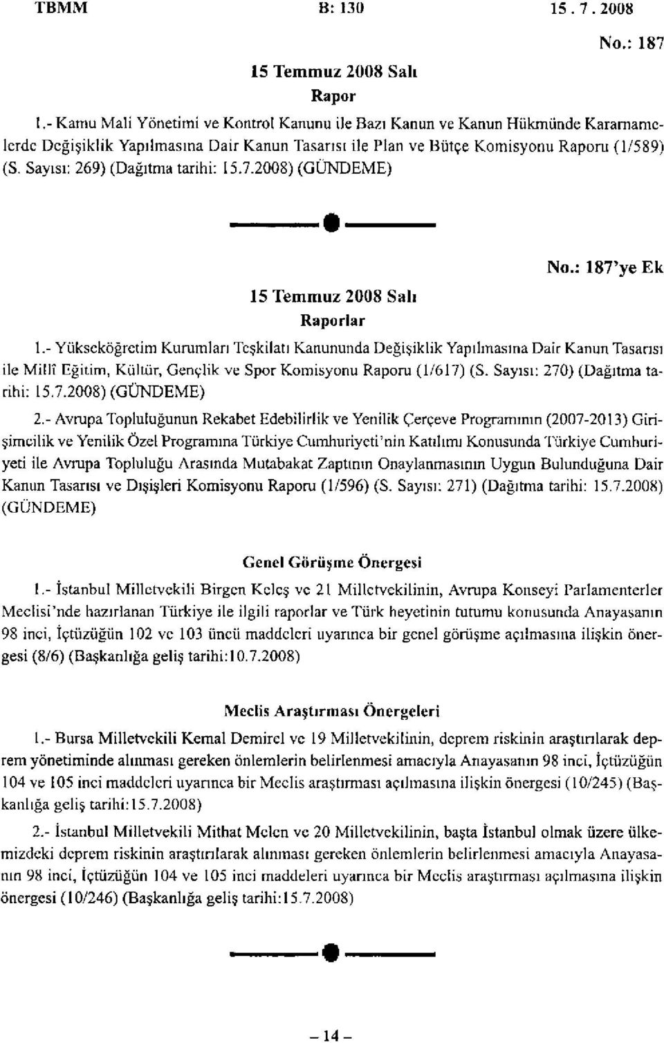 Sayısı: 269) (Dağıtma tarihi: 15.7.2008) (GÜNDEME) 15 Temmuz 2008 Salı Raporlar No.: 187'ye Ek 1.