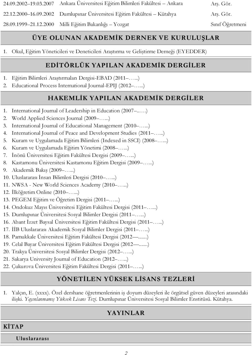 Educational Process International Journal-EPIJ (2012...) HAKEMLİK YAPILAN AKADEMİK DERGİLER 1. International Journal of Leadership in Education (2007...) 2. World Applied Sciences Journal (2009...) 3.