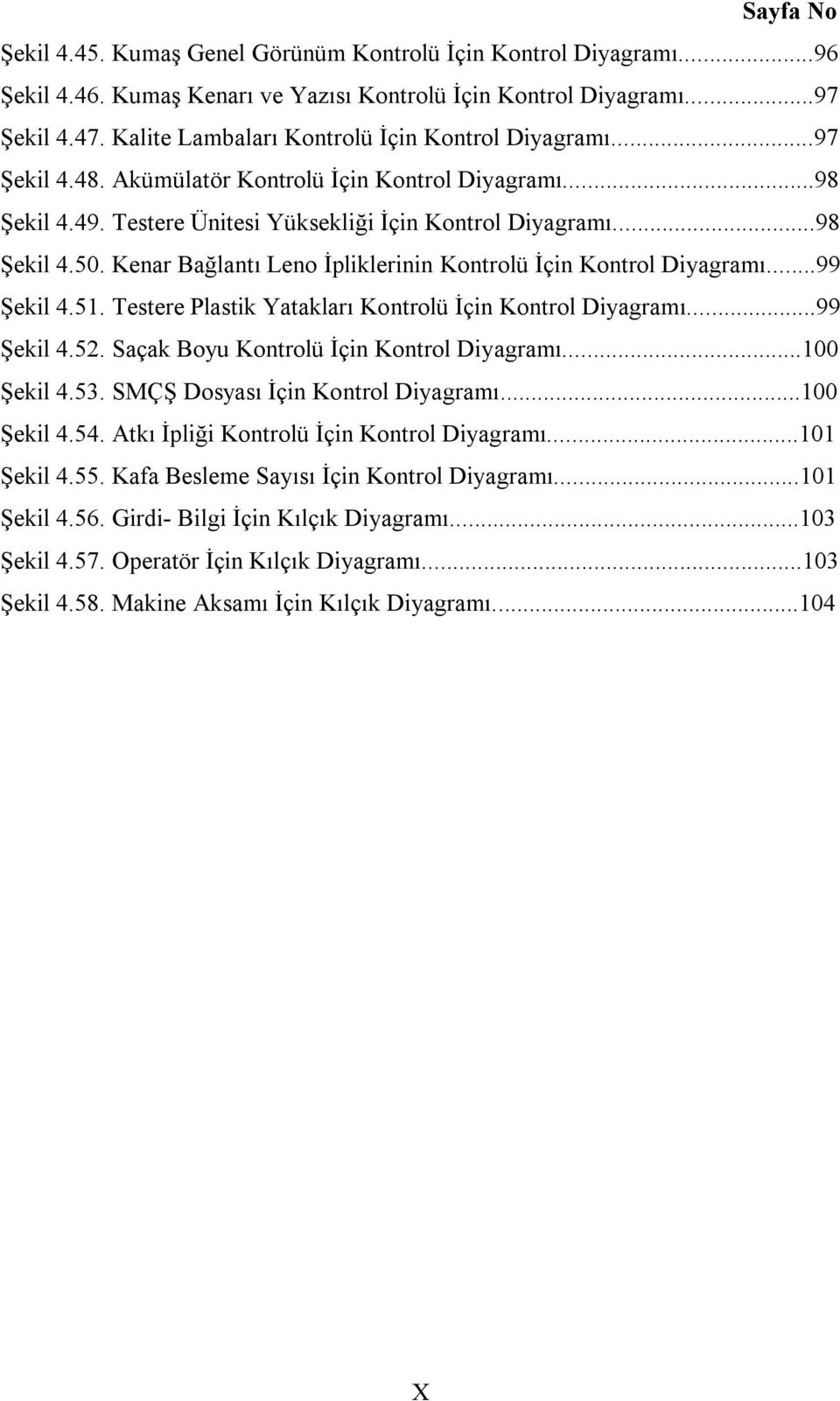 Kenar Bağlantı Leno İpliklerinin Kontrolü İçin Kontrol Diyagramı...99 Şekil 4.51. Testere Plastik Yatakları Kontrolü İçin Kontrol Diyagramı...99 Şekil 4.52. Saçak Boyu Kontrolü İçin Kontrol Diyagramı.