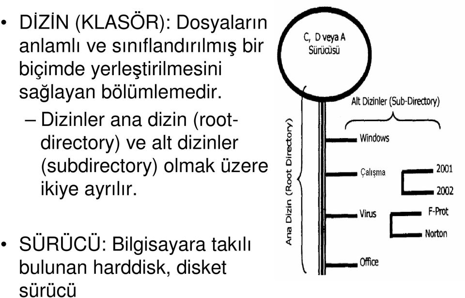 Dizinler ana dizin (rootdirectory) ve alt dizinler