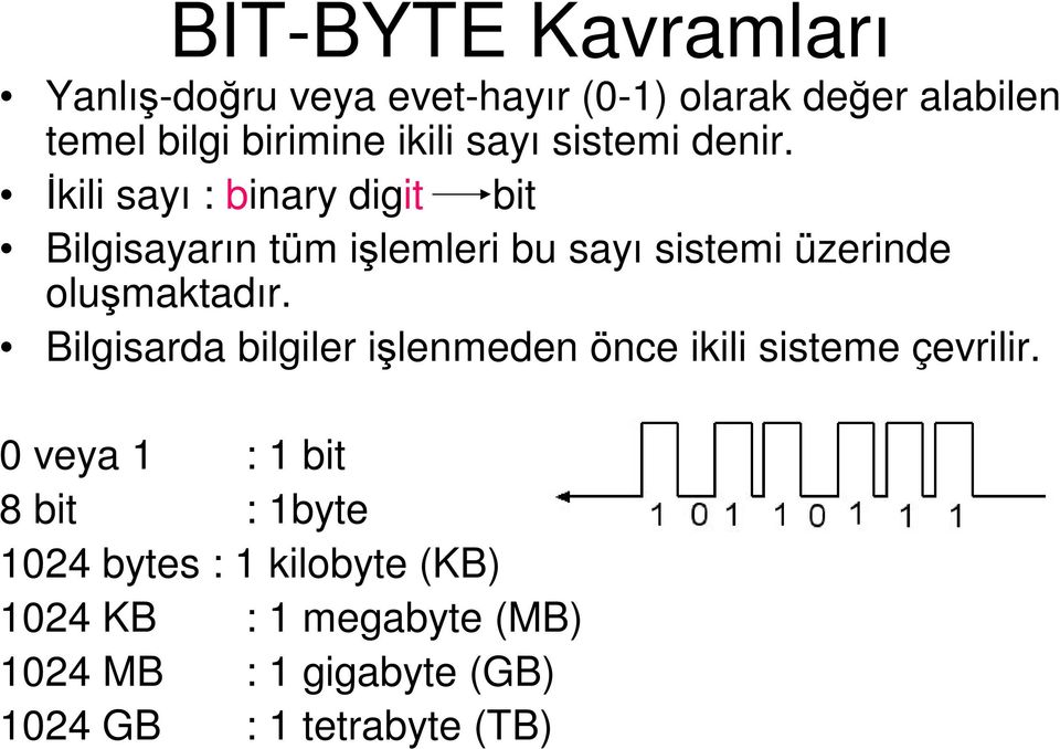 Đkili sayı : binary digit bit Bilgisayarın tüm işlemleri bu sayı sistemi üzerinde oluşmaktadır.