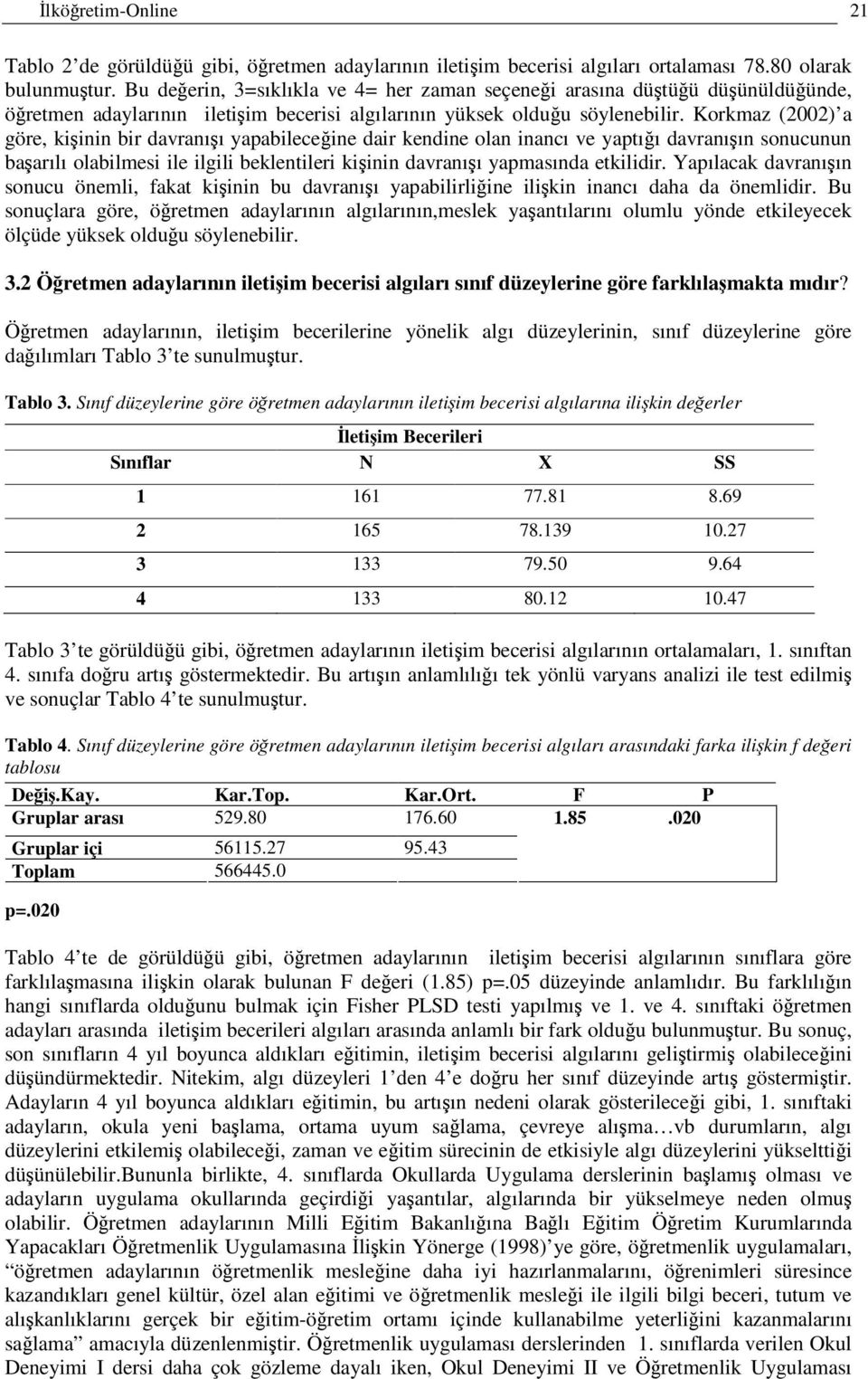 Korkmaz (2002) a göre, kiinin bir davranıı yapabileceine dair kendine olan inancı ve yaptıı davranıın sonucunun baarılı olabilmesi ile ilgili beklentileri kiinin davranıı yapmasında etkilidir.