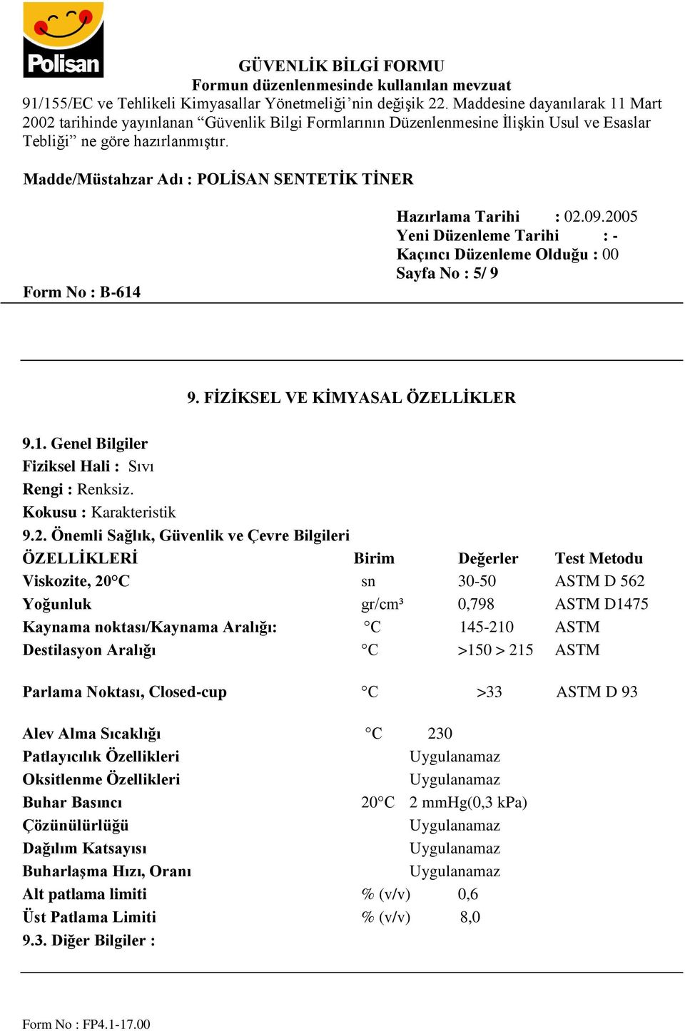 noktası/kaynama Aralığı: C 145-210 ASTM Destilasyon Aralığı C >150 > 215 ASTM Parlama Noktası, Closed-cup C >33 ASTM D 93 Alev Alma Sıcaklığı C 230 Patlayıcılık