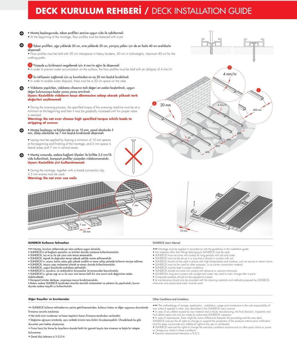 Floor profiles must be laid with 20 cm interspaces in heavy burdens, 30 cm in mid-weights, maximum 40 cm for the walking paths 2 Yüzeyde su birikmesini engellemek için 4 mm/m eğim ile döşenmeli In