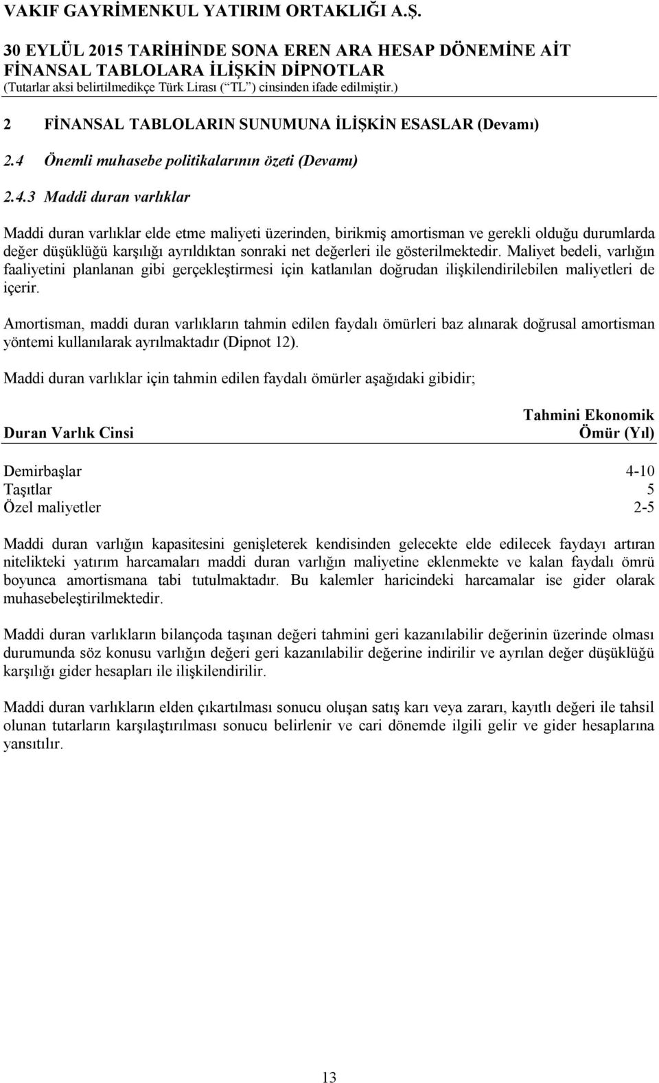 3 Maddi duran varlıklar Maddi duran varlıklar elde etme maliyeti üzerinden, birikmiş amortisman ve gerekli olduğu durumlarda değer düşüklüğü karşılığı ayrıldıktan sonraki net değerleri ile