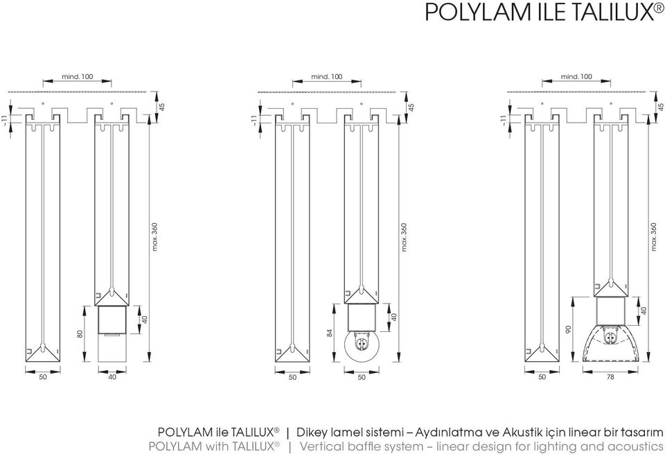 360 ~11 ~11 ~11 45 45 45 50 40 50 50 50 78 POLYLAM ile TALILUX Dikey lamel