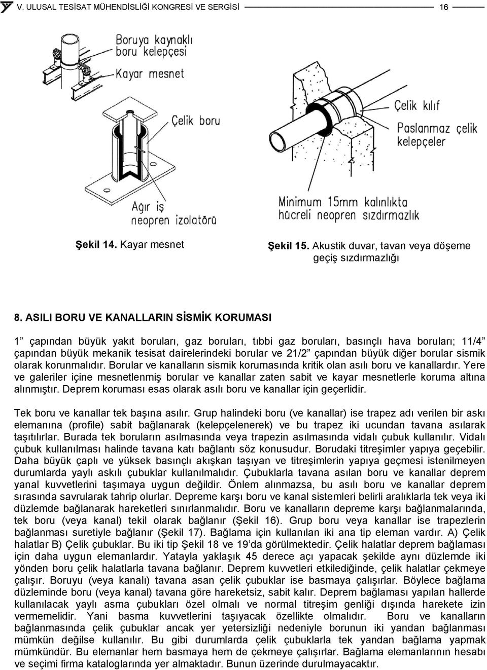 çapından büyük diğer borular sismik olarak korunmalıdır. Borular ve kanalların sismik korumasında kritik olan asılı boru ve kanallardır.