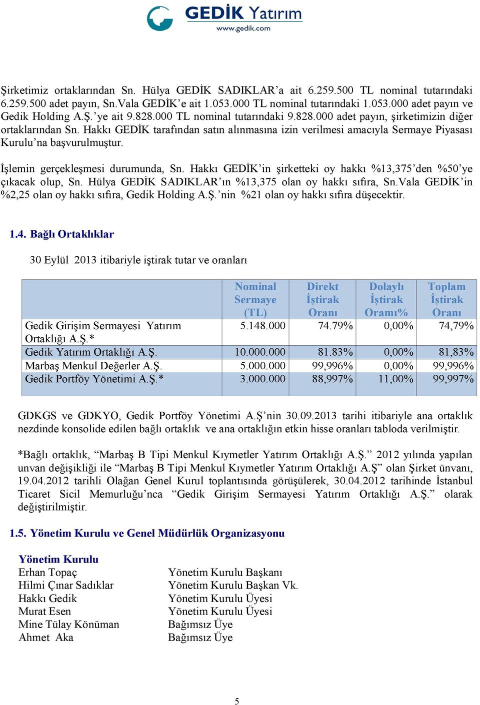 Hakkı GEDİK tarafından satın alınmasına izin verilmesi amacıyla Sermaye Piyasası Kurulu na başvurulmuştur. İşlemin gerçekleşmesi durumunda, Sn.