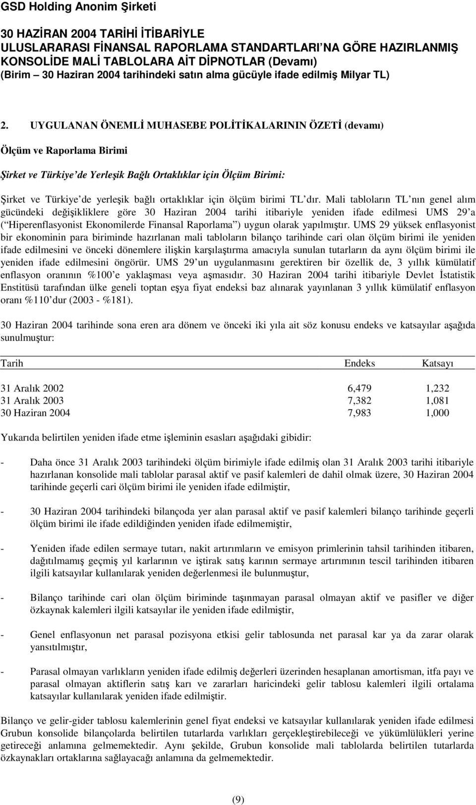 Mali tabloların TL nın genel alım gücündeki deiikliklere göre 30 Haziran 2004 tarihi itibariyle yeniden ifade edilmesi UMS 29 a ( Hiperenflasyonist Ekonomilerde Finansal Raporlama ) uygun olarak