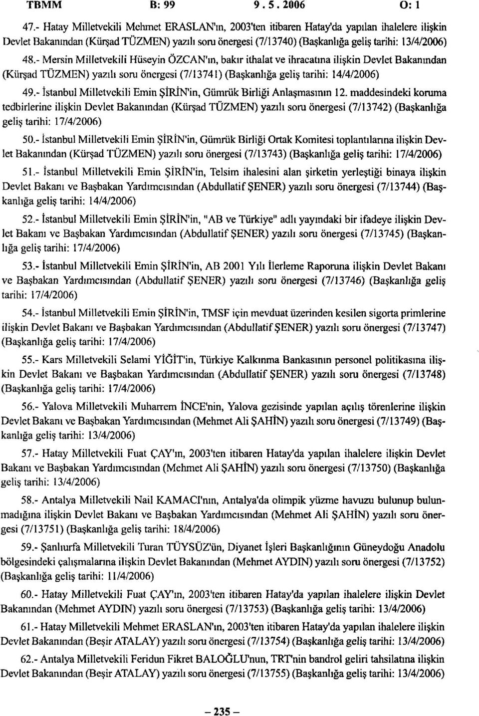 - Mersin Milletvekili Hüseyin ÖZCAN'ın, bakır ithalat ve ihracatına ilişkin Devlet Bakanından (Kürşad TÜZMEN) yazılı soru önergesi (7/13741) (Başkanlığa geliş tarihi: 14/4/2006) 49.