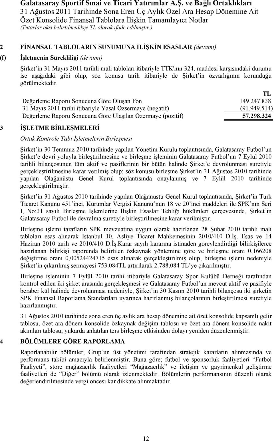 838 31 Mayıs tarihi itibariyle Yasal Özsermaye (negatif) (91.949.514) Değerleme Raporu Sonucuna Göre Ulaşılan Özermaye (pozitif) 57.298.