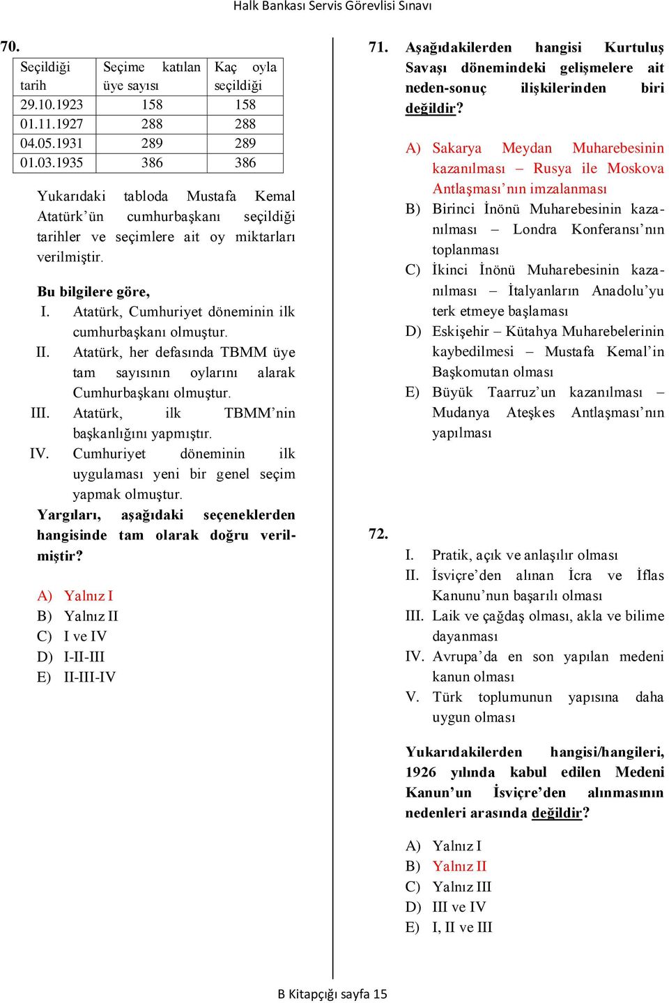 Atatürk, Cumhuriyet döneminin ilk cumhurbaşkanı olmuştur. II. Atatürk, her defasında TBMM üye tam sayısının oylarını alarak Cumhurbaşkanı olmuştur. III. Atatürk, ilk TBMM nin başkanlığını yapmıştır.