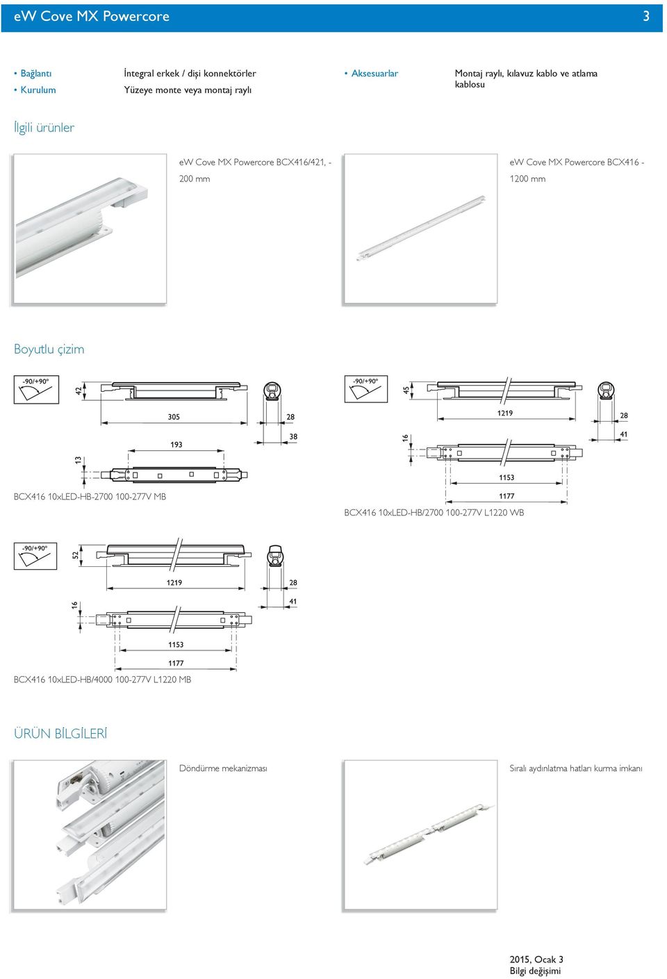 Cove MX Powercore BCX416-200 mm 1200 mm Boyutlu çizim BCX416 10xLED-HB-2700 100-277V MB BCX416 10xLED-HB/2700