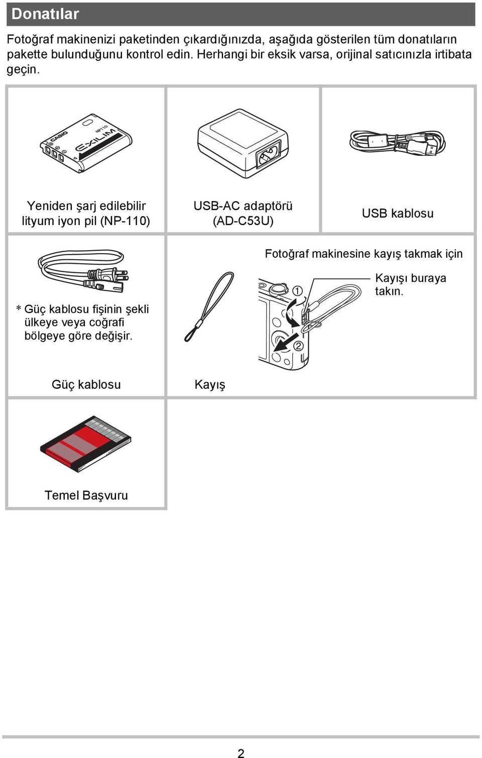 Yeniden şarj edilebilir lityum iyon pil (NP-110) USB-AC adaptörü (AD-C53U) USB kablosu Fotoğraf makinesine