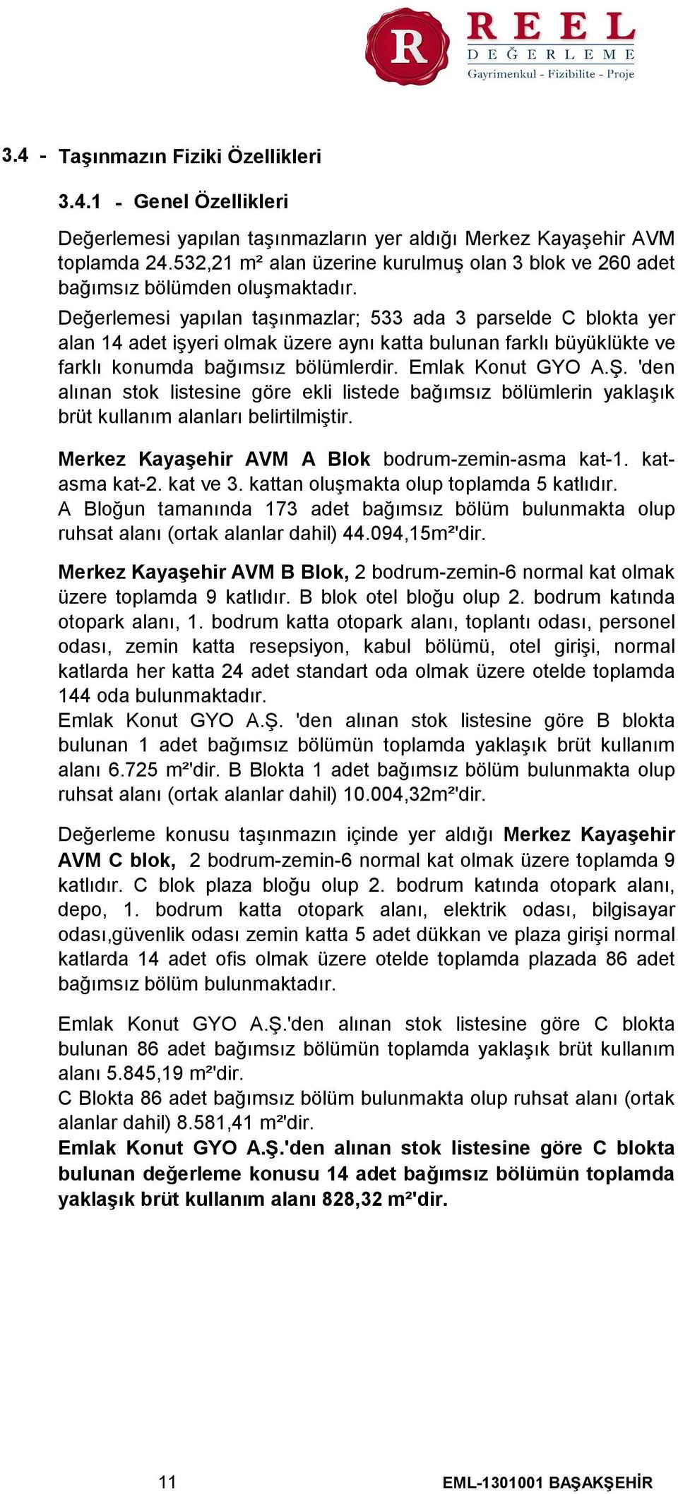 Değerlemesi yapılan taşınmazlar; 533 ada 3 parselde C blokta yer alan 14 adet işyeri olmak üzere aynı katta bulunan farklı büyüklükte ve farklı konumda bağımsız bölümlerdir. Emlak Konut GYO A.Ş.