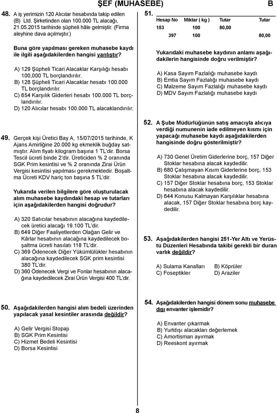 A) 29 Şüpheli Ticari Alacaklar Karşılığı hesabı 00,000 TL borçlandırılır. ) 28 Şüpheli Ticari Alacaklar hesabı 00.000 TL borçlandırılır. C) 654 Karşılık Giderleri hesabı 00.000 TL borçlandırılır. D) 20 Alıcılar hesabı 00.