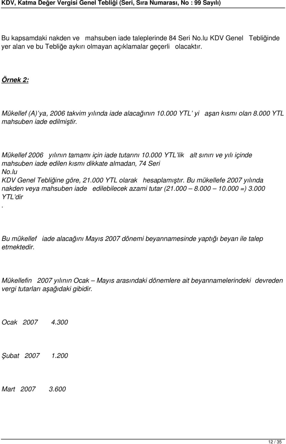 000 YTL lik alt sınırı ve yılı içinde mahsuben iade edilen kısmı dikkate almadan, 74 Seri No.lu KDV Genel Tebliğine göre, 21.000 YTL olarak hesaplamıştır.