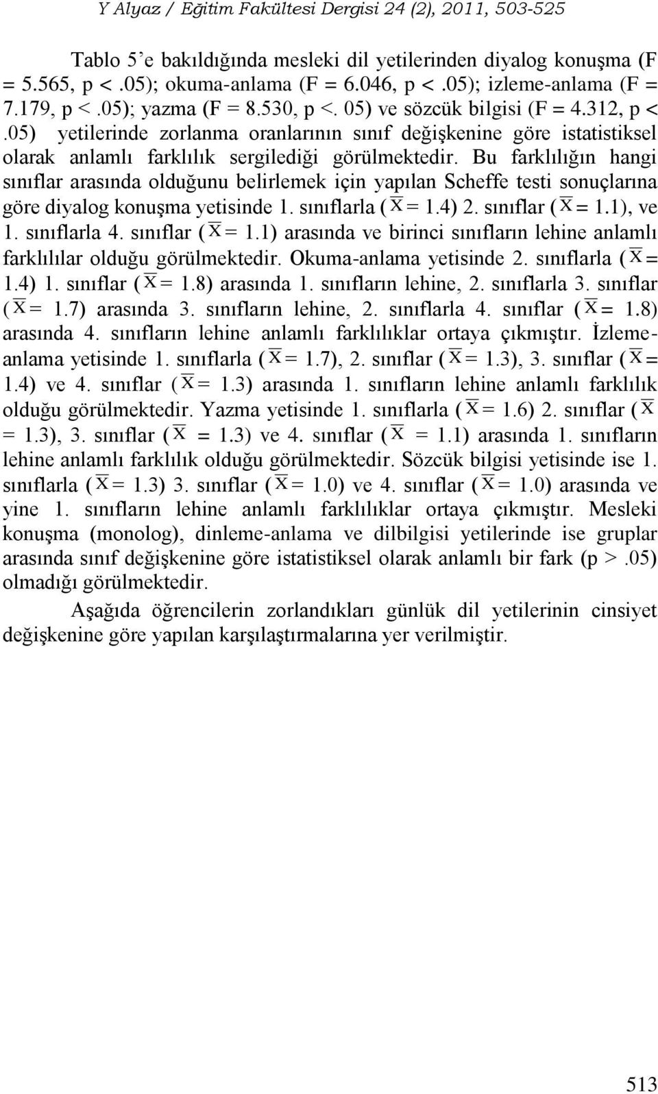 Bu farklılığın hangi sınıflar arasında olduğunu belirlemek için yapılan Scheffe testi sonuçlarına göre diyalog konuşma yetisinde 1. sınıflarla ( X = 1.4) 2. sınıflar ( X = 1.1), ve 1. sınıflarla 4.