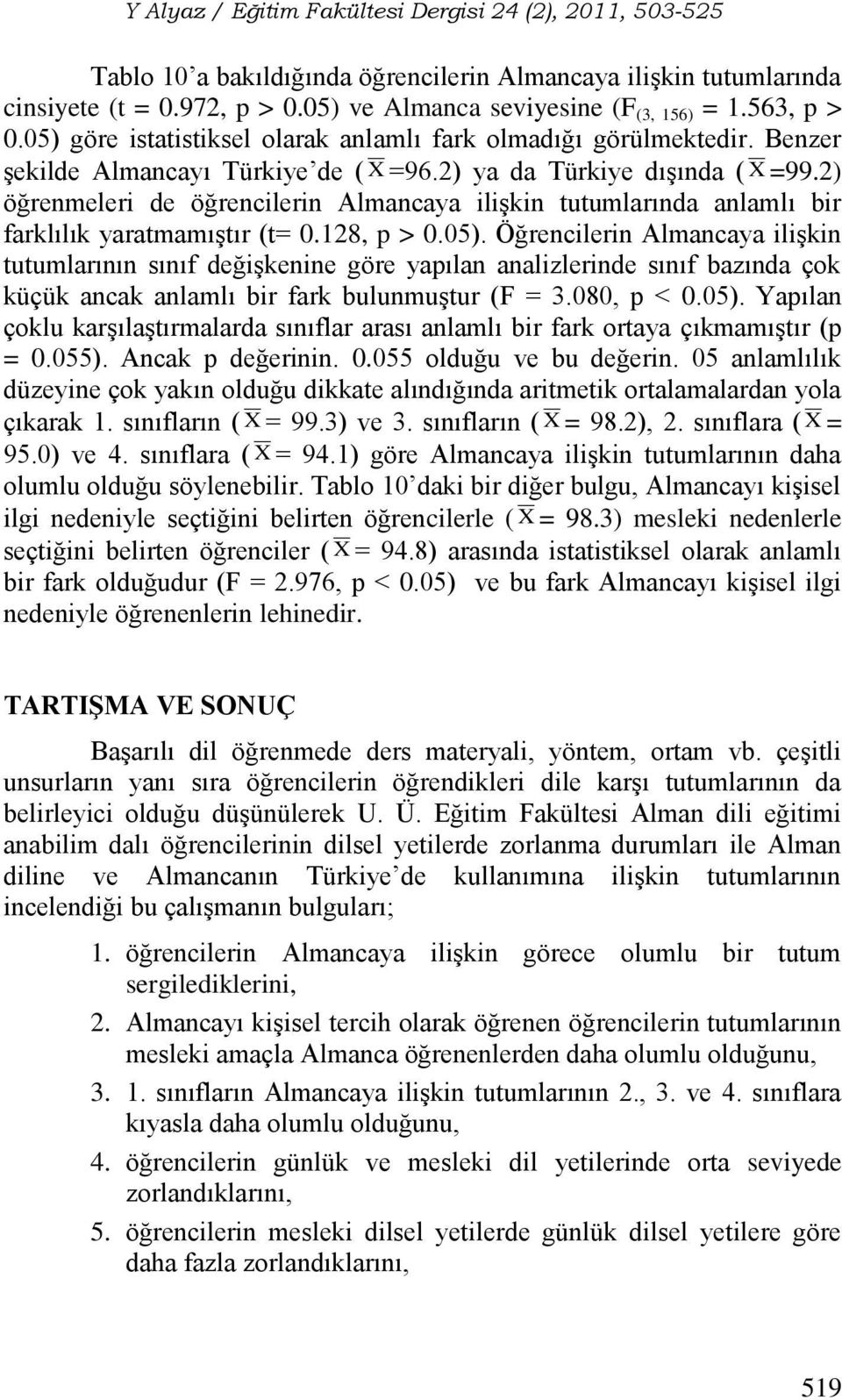 2) öğrenmeleri de öğrencilerin Almancaya ilişkin tutumlarında anlamlı bir farklılık yaratmamıştır (t= 0.128, p > 0.05).