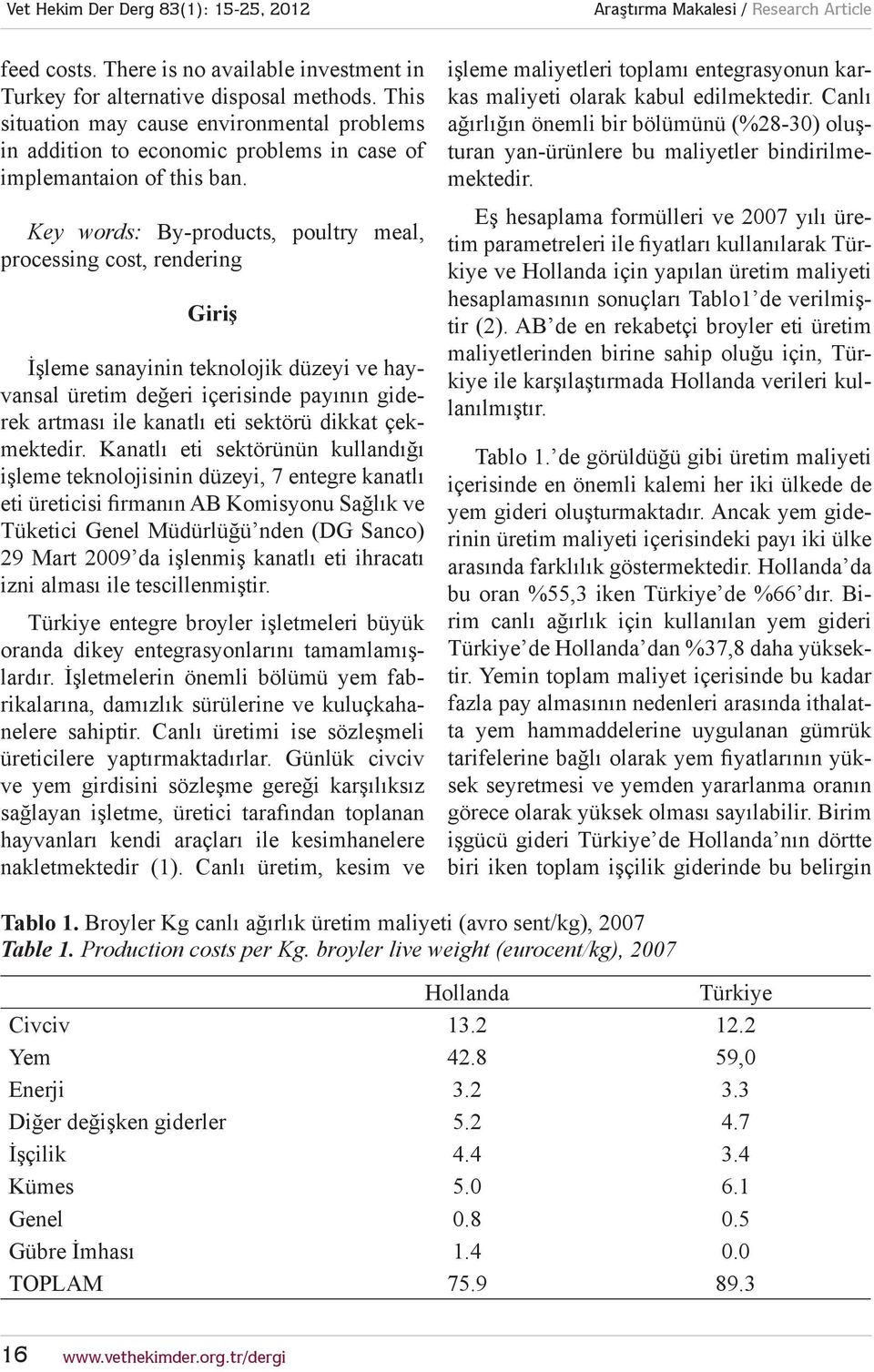 Key words: By-products, poultry meal, processing cost, rendering Giriş İşleme sanayinin teknolojik düzeyi ve hayvansal üretim değeri içerisinde payının giderek artması ile kanatlı eti sektörü dikkat