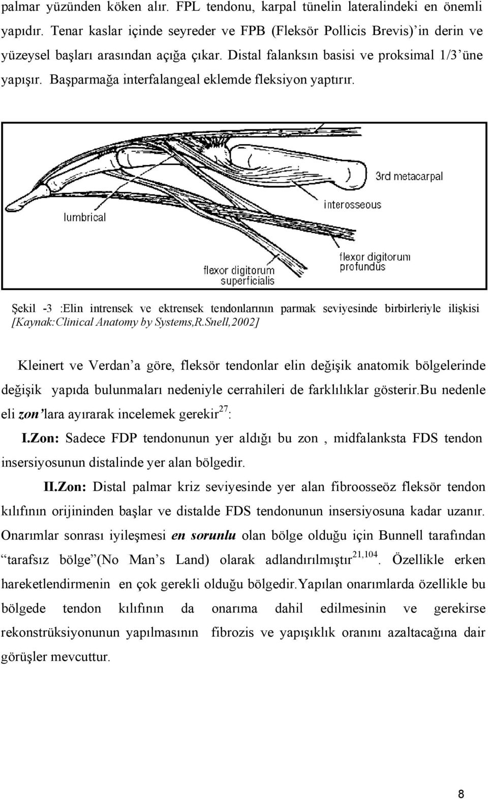 Başparmağa interfalangeal eklemde fleksiyon yaptırır. Şekil -3 :Elin intrensek ve ektrensek tendonlarının parmak seviyesinde birbirleriyle ilişkisi [Kaynak:Clinical Anatomy by Systems,R.
