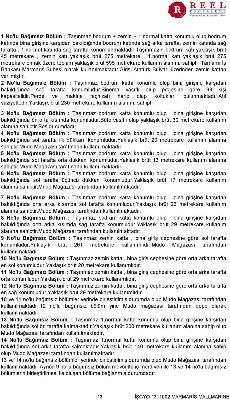 normal katı yaklaşık brüt 275 metrekare olmak üzere toplam yaklaşık brüt 595 metrekare kullanım alanına sahiptir.tamamı İş Bankası Marmaris Şubesi olarak kullanılmaktadır.