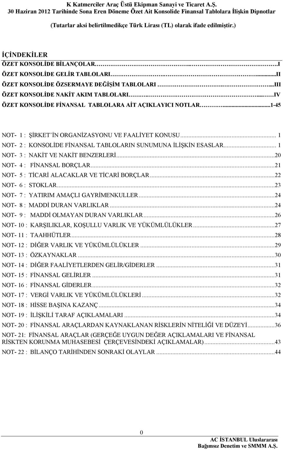 ..1-45 NOT- 1 : ŞİRKET İN ORGANİZASYONU VE FAALİYET KONUSU... 1 NOT- 2 : KONSOLİDE FİNANSAL TABLOLARIN SUNUMUNA İLİŞKİN ESASLAR... 1 NOT- 3 : NAKİT VE NAKİT BENZERLERİ...20 NOT- 4 : FİNANSAL BORÇLAR.