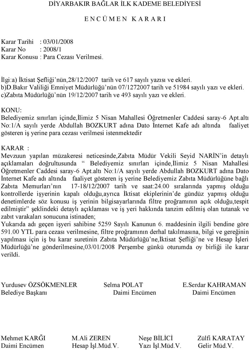 Belediyemiz sınırları içinde,ilimiz 5 Nisan Mahallesi Öğretmenler Caddesi saray-6 Apt.