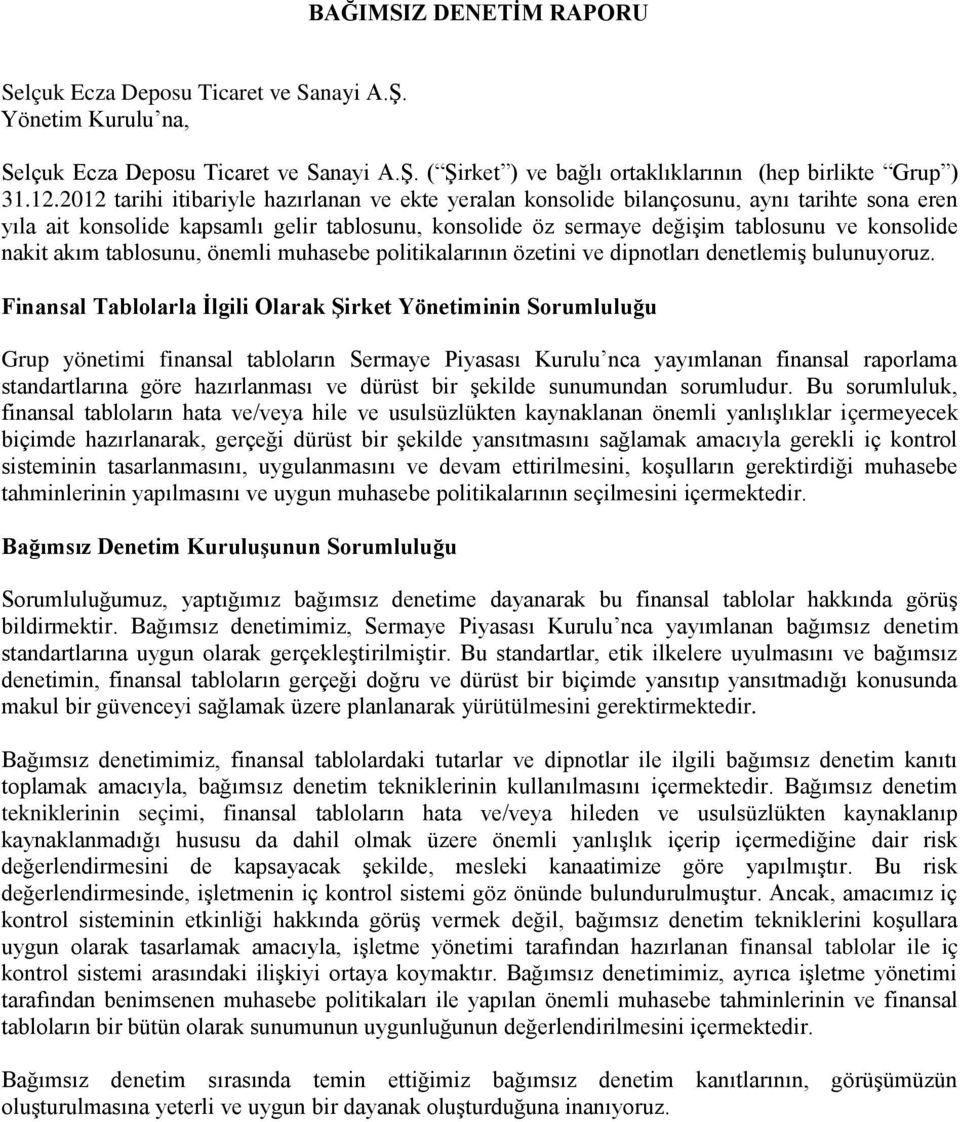 akım tablosunu, önemli muhasebe politikalarının özetini ve dipnotları denetlemiş bulunuyoruz.