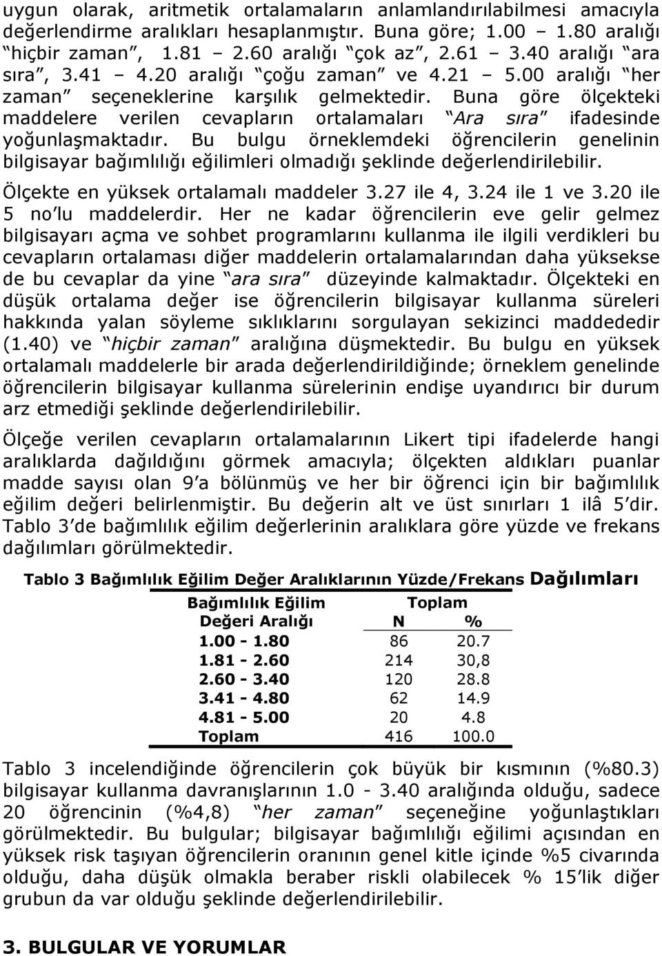 Buna göre ölçekteki maddelere verilen cevapların ortalamaları Ara sıra ifadesinde yoğunlaşmaktadır.