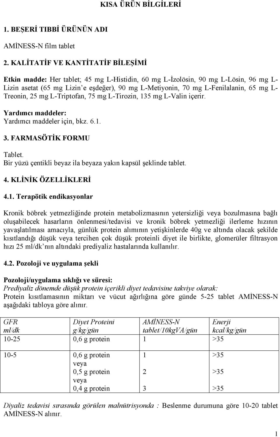 mg L- Treonin, 25 mg L-Triptofan, 75 mg L-Tirozin, 135 mg L-Valin içerir. Yardımcı maddeler: Yardımcı maddeler için, bkz. 6.1. 3. FARMASÖTİK FORMU Tablet.