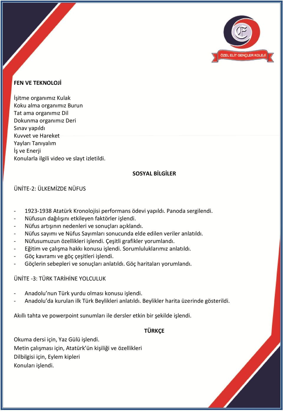 - Nüfus artışının nedenleri ve sonuçları açıklandı. - Nüfus sayımı ve Nüfus Sayımları sonucunda elde edilen veriler anlatıldı. - Nüfusumuzun özellikleri işlendi. Çeşitli grafikler yorumlandı.