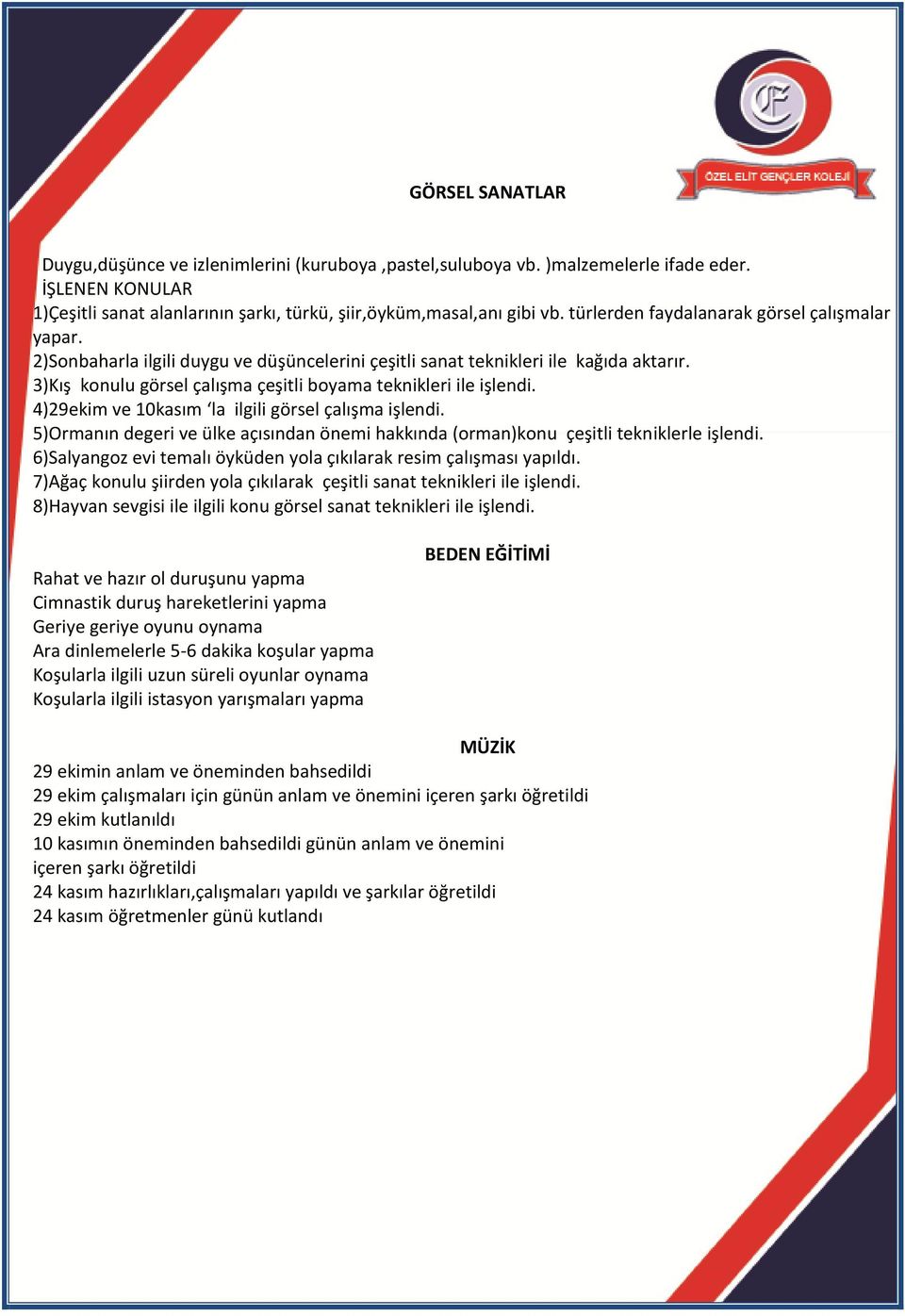 3)Kış konulu görsel çalışma çeşitli boyama teknikleri ile işlendi. 4)29ekim ve 10kasım la ilgili görsel çalışma işlendi.