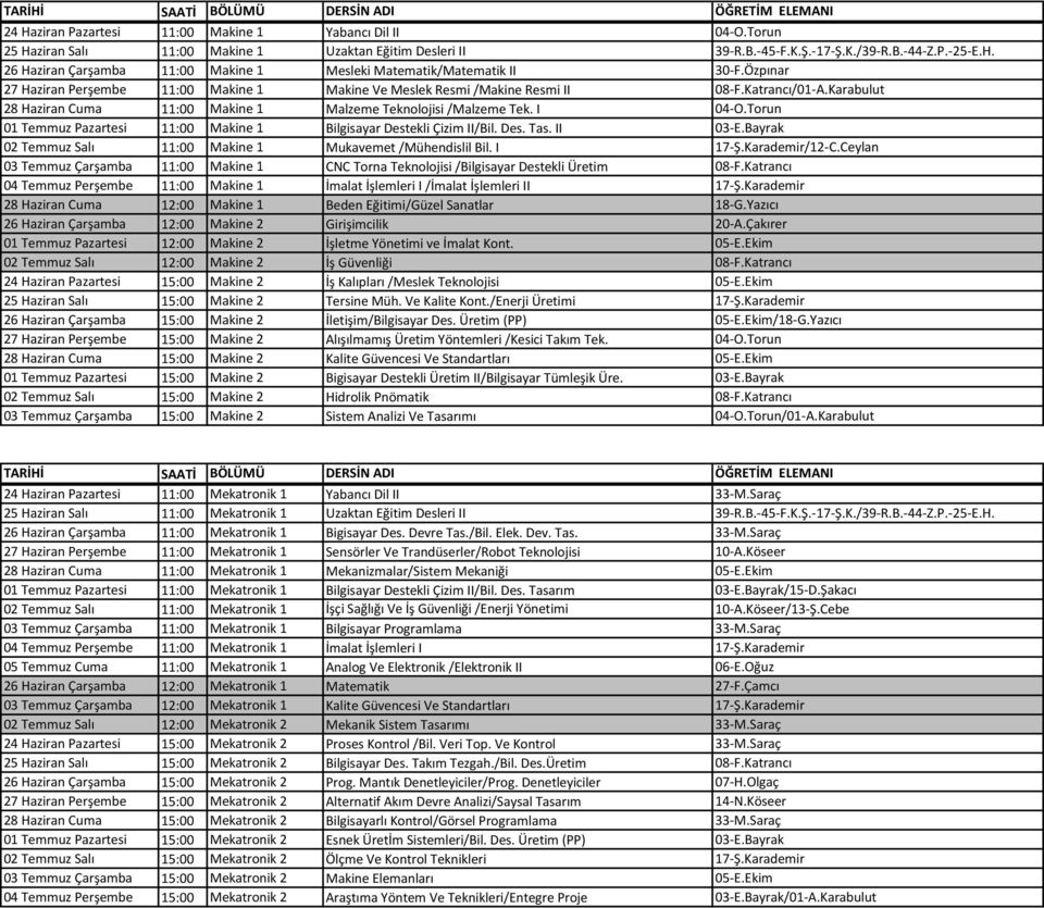 Torun 01 Temmuz Pazartesi 11:00 Makine 1 Bilgisayar Destekli Çizim II/Bil. Des. Tas. II 03-E.Bayrak 02 Temmuz Salı 11:00 Makine 1 Mukavemet /Mühendislil Bil. I 17-Ş.Karademir/12-C.