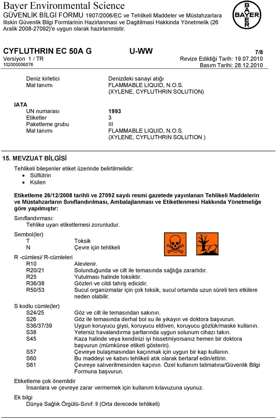 MEVZUAT BİLGİSİ Tehlikeli bileşenler etiket üzerinde belirtilmelidir: Süflütrin Ksilen Etiketleme 26/12/2008 tarihli ve 27092 sayılı resmi gazetede yayınlanan Tehlikeli Maddelerin ve Müstahzarların