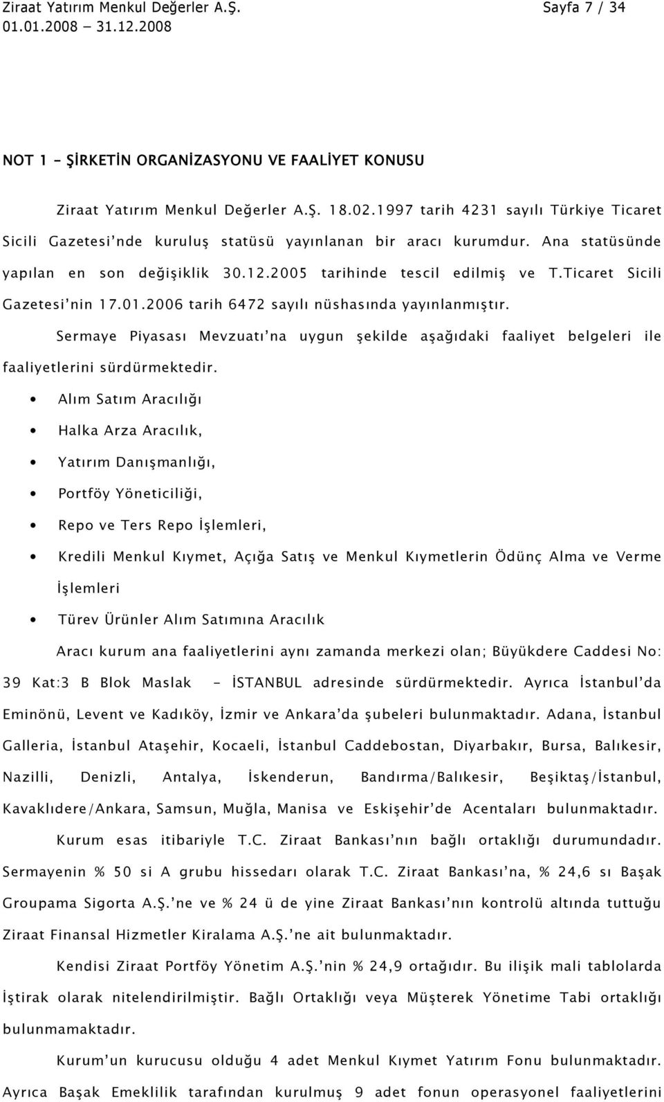 Ticaret Sicili Gazetesi nin 17.01.2006 tarih 6472 sayılı nüshasında yayınlanmıştır. Sermaye Piyasası Mevzuatı na uygun şekilde aşağıdaki faaliyet belgeleri ile faaliyetlerini sürdürmektedir.