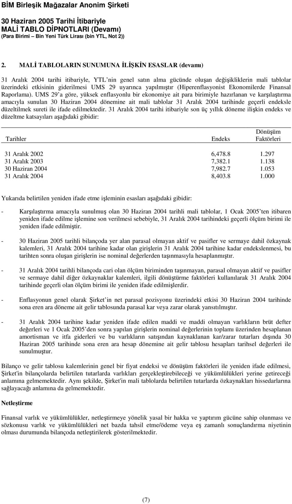 UMS 29 a göre, yüksek enflasyonlu bir ekonomiye ait para birimiyle hazırlanan ve karşılaştırma amacıyla sunulan 30 Haziran 2004 dönemine ait mali tablolar 31 Aralık 2004 tarihinde geçerli endeksle