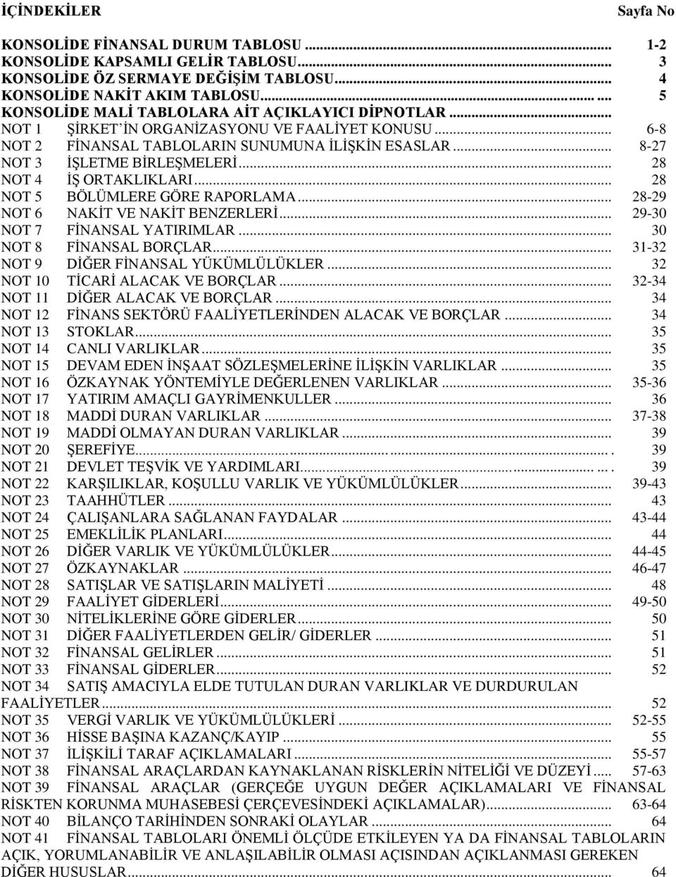 .. 8-27 NOT 3 İŞLETME BİRLEŞMELERİ... 28 NOT 4 İŞ ORTAKLIKLARI... 28 NOT 5 BÖLÜMLERE GÖRE RAPORLAMA... 28-29 NOT 6 NAKİT VE NAKİT BENZERLERİ... 29-30 NOT 7 FİNANSAL YATIRIMLAR.