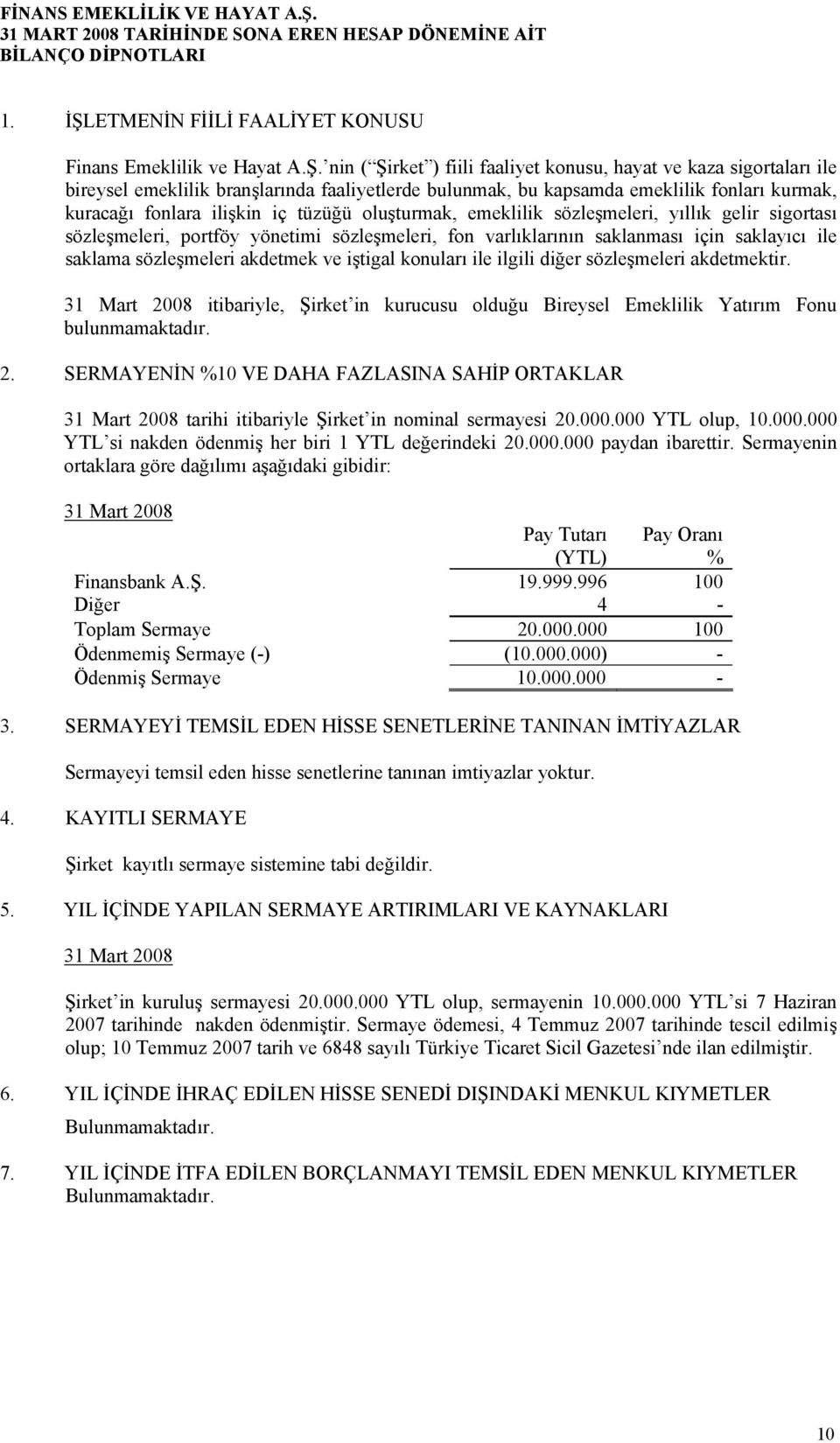 nin ( Şirket ) fiili faaliyet konusu, hayat ve kaza sigortaları ile bireysel emeklilik branşlarında faaliyetlerde bulunmak, bu kapsamda emeklilik fonları kurmak, kuracağı fonlara ilişkin iç tüzüğü