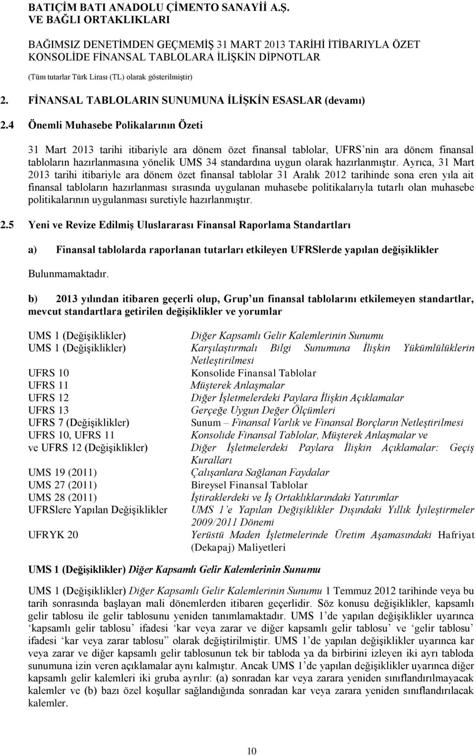 Ayrıca, tarihi itibariyle ara dönem özet finansal tablolar 31 Aralık tarihinde sona eren yıla ait finansal tabloların hazırlanması sırasında uygulanan muhasebe politikalarıyla tutarlı olan muhasebe