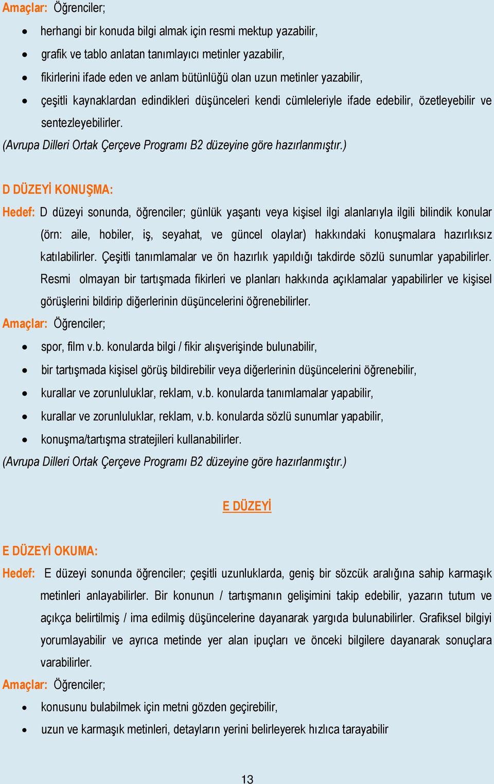 ) D DÜZEYİ KONUŞMA: Hedef: D düzeyi sonunda, öğrenciler; günlük yaşantı veya kişisel ilgi alanlarıyla ilgili bilindik konular (örn: aile, hobiler, iş, seyahat, ve güncel olaylar) hakkındaki