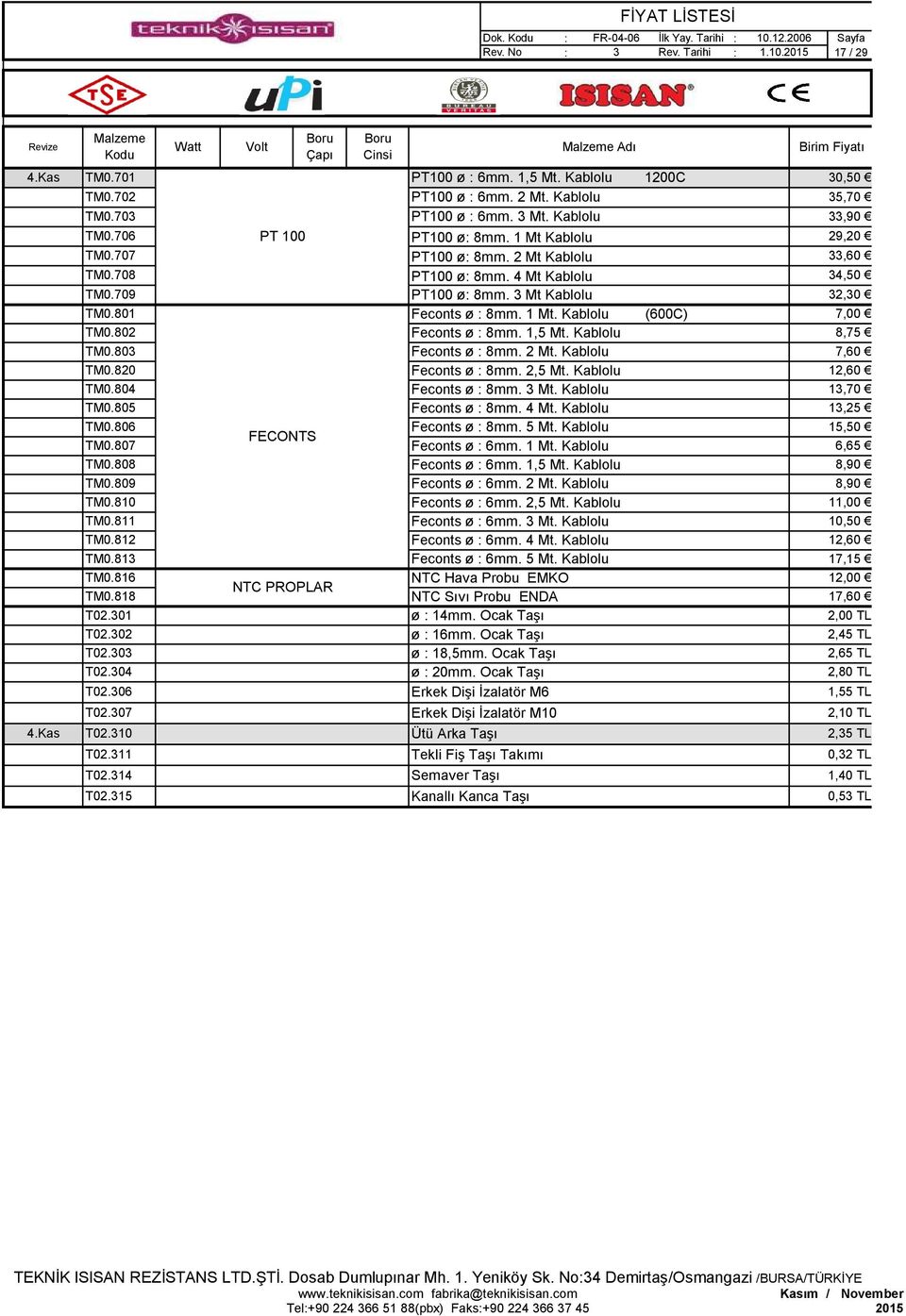 801 Feconts ø : 8mm. 1 Mt. Kablolu (C) 7,00 TM0.802 Feconts ø : 8mm. 1,5 Mt. Kablolu 8,75 TM0.803 Feconts ø : 8mm. 2 Mt. Kablolu 7,60 TM0.820 Feconts ø : 8mm. 2,5 Mt. Kablolu 12,60 TM0.