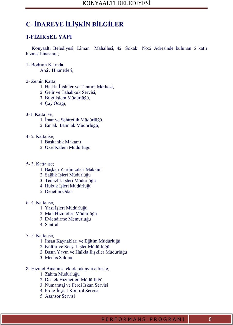 Katta ise; 1. Başkanlık Makamı 2. Özel Kalem Müdürlüğü 5-3. Katta ise; 1. Başkan Yardımcıları Makamı 2. Sağlık İşleri Müdürlüğü 3. Temizlik İşleri Müdürlüğü 4. Hukuk İşleri Müdürlüğü 5.