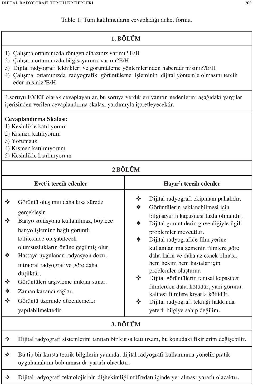 Çal şma ortam n zda radyografik görüntüleme işleminin dijital yöntemle olmas n tercih eder misiniz?e/h 4.