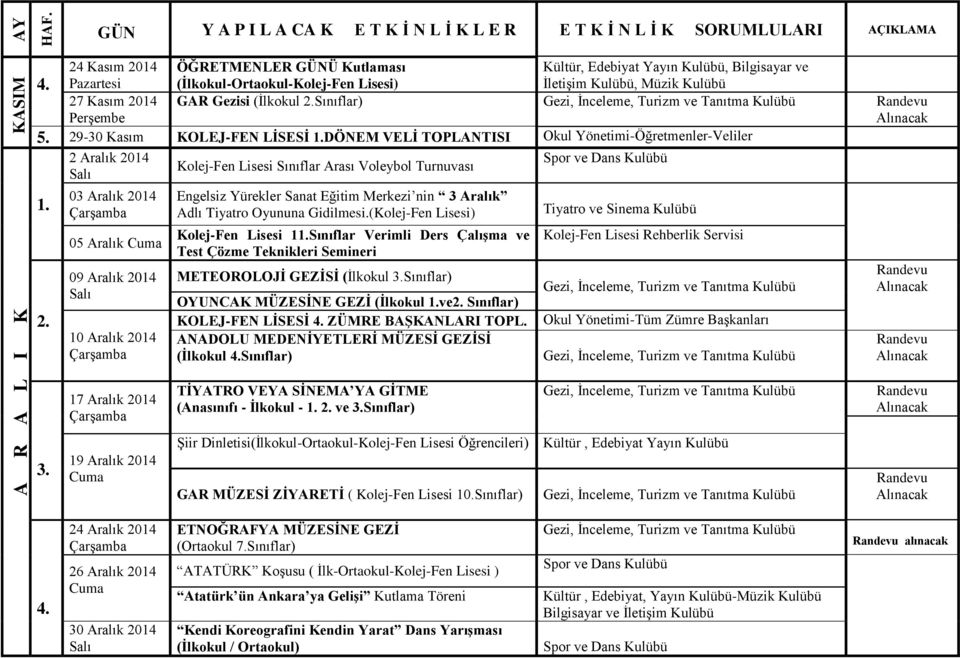 29-30 Kasım KOLEJ-FEN LİSESİ DÖNEM VELİ TOPLANTISI Okul Yönetimi-Öğretmenler-Veliler 2 Aralık 2014 Kolej-Fen Lisesi Sınıflar Arası Voleybol Turnuvası 03 Aralık 2014 05 Aralık 09 Aralık 2014 10 Aralık