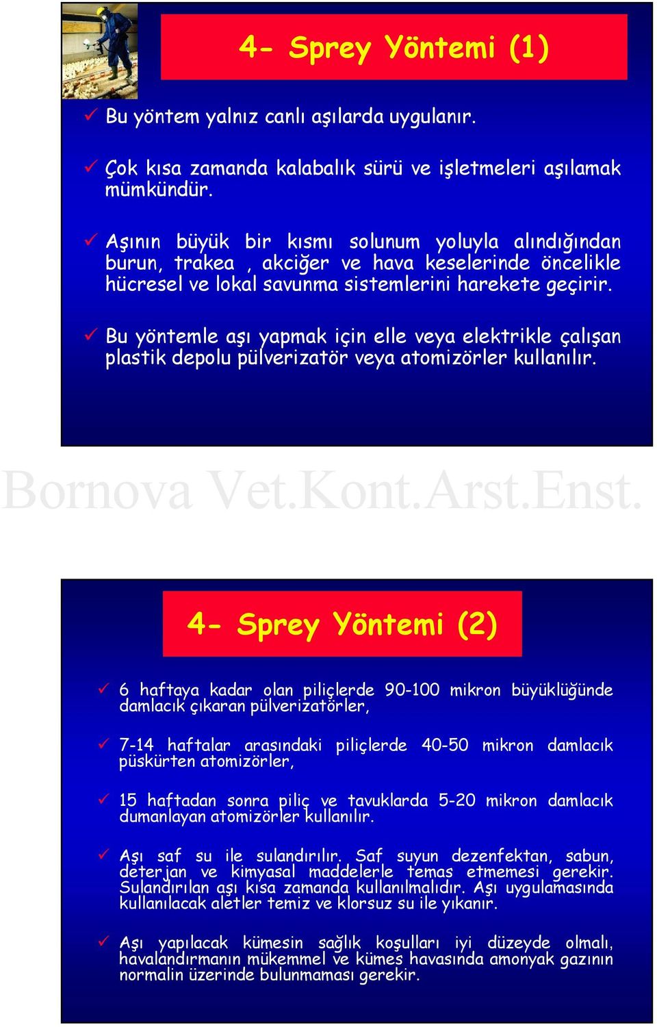 Bu yöntemle aşı yapmak için elle veya elektrikle çalışan plastik depolu pülverizatör veya atomizörler kullanılır.