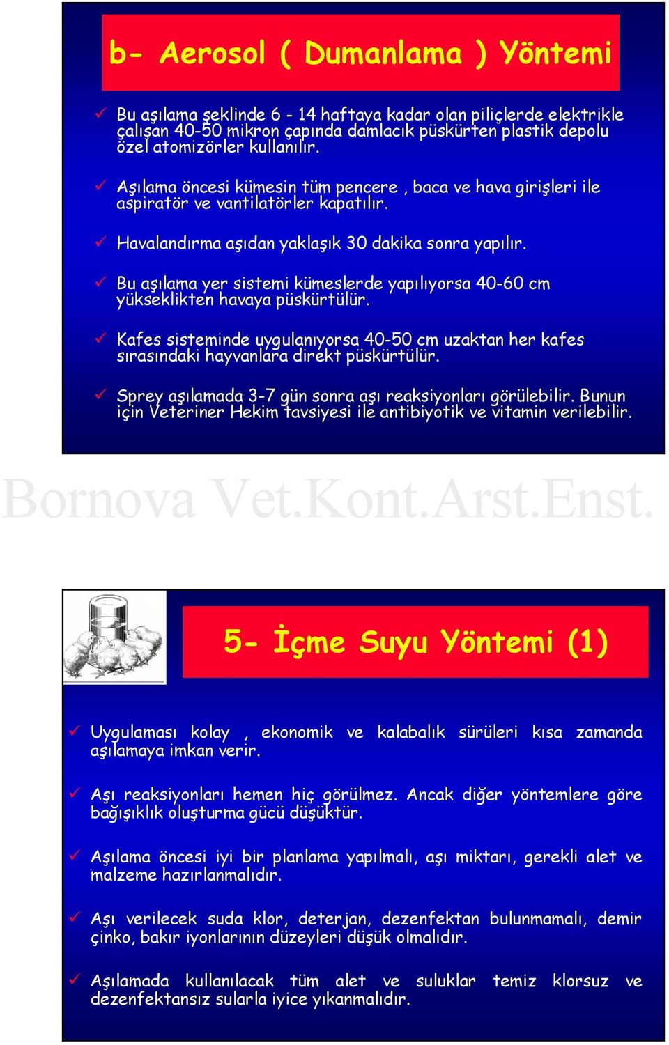 Bu aşılama yer sistemi kümeslerde yapılıyorsa 40-60 cm yükseklikten havaya püskürtülür. Kafes sisteminde uygulanıyorsa 40-50 cm uzaktan her kafes sırasındaki hayvanlara direkt püskürtülür.