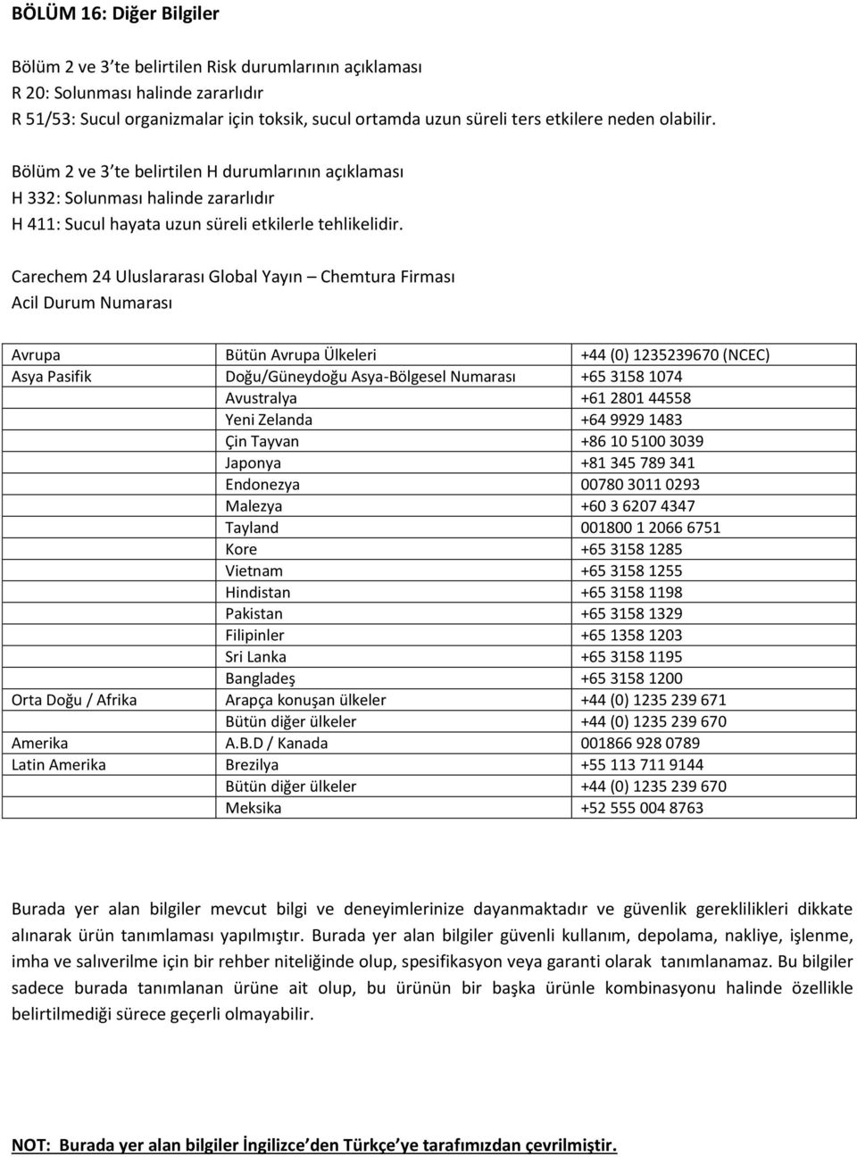 Carechem 24 Uluslararası Global Yayın Chemtura Firması Acil Durum Numarası Avrupa Bütün Avrupa Ülkeleri +44 (0) 1235239670 (NCEC) Asya Pasifik Doğu/Güneydoğu Asya-Bölgesel Numarası +65 3158 1074