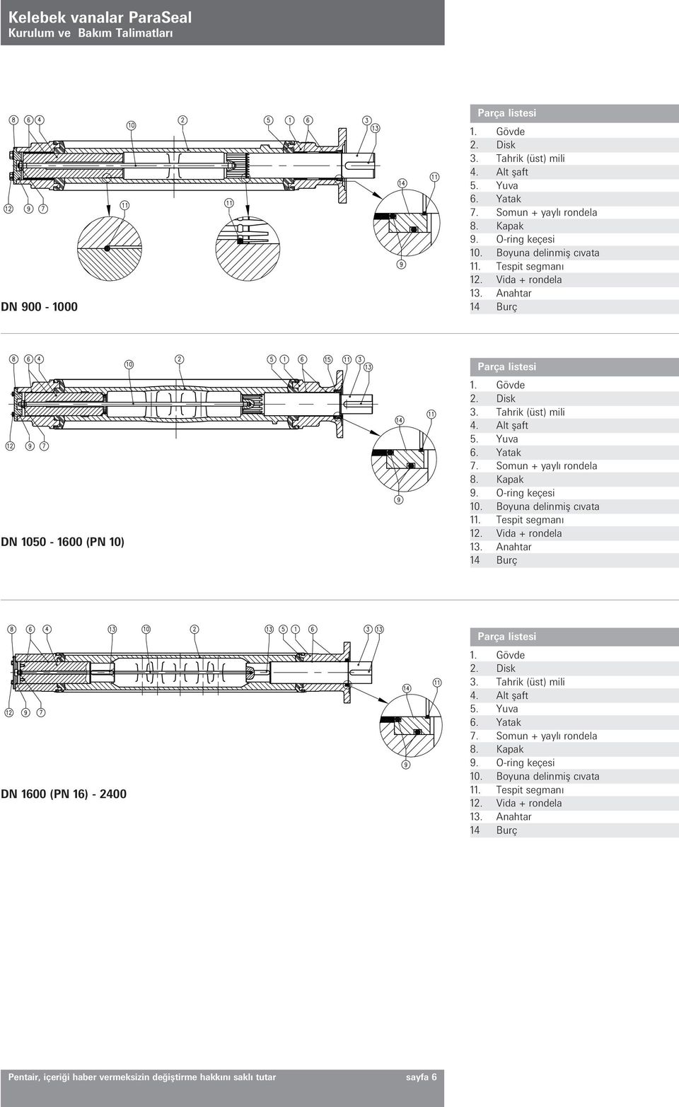 Vida + rondela 13. Anahtar 14 Burç DN 1600 (PN 16) - 2400 8. Kapak 9.